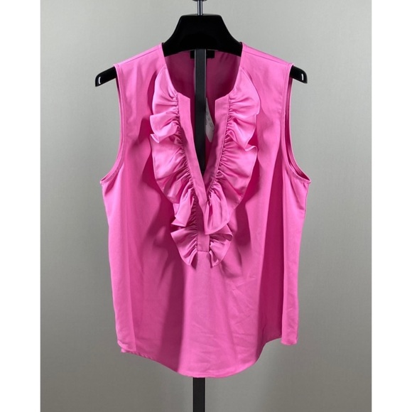 J. Crew Pink Ruffle Satin Crepe Ruffle Neck Tank Top Blouse Shirt Barbie - M - Picture 2 of 5